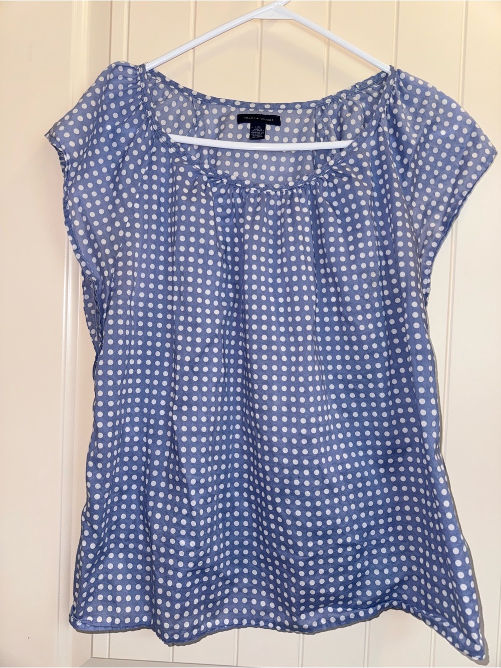 Tommy Hilfiger Blue and White Polka Dot Cap-Sleeve Blouse